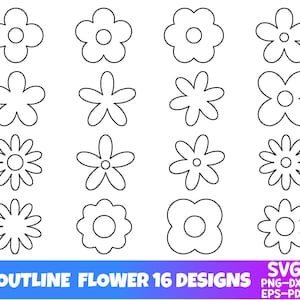 Retro-Blumen-SVG-Bundle, 16 Umrissdesigns für Cricut (Digitaler Download)