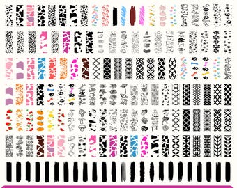 May include: A digital collection of 200 bookmark designs featuring various patterns including animal prints, floral motifs, geometric shapes, and food illustrations. The set includes file formats labeled as PDF, SVG, DXF, and EPS for crafting.