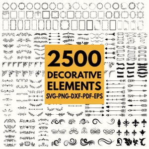 Puede incluir: Una colección de 2500 elementos decorativos negros que incluyen marcos, bordes, flechas y adornos sobre un fondo blanco, con un cuadrado amarillo central que presenta el texto negro 2500 DECORATIVE ELEMENTS SVG-PNG-DXF-PDF-EPS.