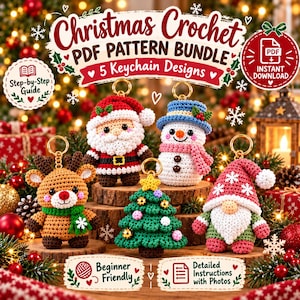 5 Christmas Crochet Keychain Pattern Bundle PDF | 5 Mini Amigurumi Ornaments