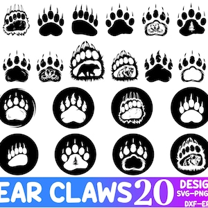 Può includere: Una collezione di 20 disegni di artigli di orso in bianco e nero. I disegni includono vari stili di impronte di zampe di orso, alcuni con sagome di orso o immagini della foresta. L'immagine include il testo "BEAR CLAWS 20 DESIGNS" e informazioni sul tipo di file.