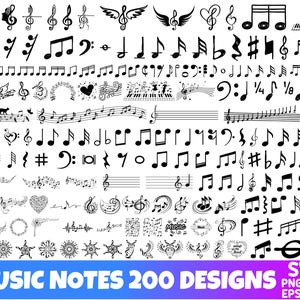 Peut inclure: Une collection de 200 motifs de notes de musique noirs, incluant des clés de sol, clés de fa, portées et divers symboles rythmiques. L'ensemble graphique présente des éléments musicaux stylisés, des cœurs et des motifs décoratifs sur fond blanc.