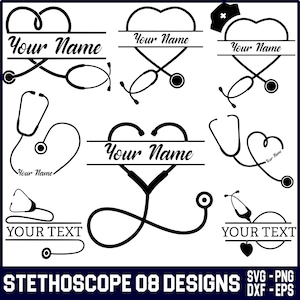 May include: A collection of eight black and white digital graphic designs featuring stethoscopes shaped into hearts, some with horizontal lines for custom text. The text "Your Name" and "YOUR TEXT" appears in various fonts across the designs.