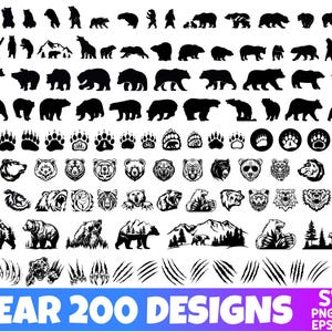 May include: A collection of 200 bear designs in black and white. The designs include bear silhouettes, bear paw prints, bear faces, and bear claw marks. The text "BEAR 200 DESIGNS" is displayed in blue.