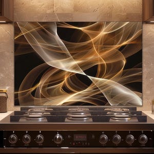 Abstract Gold Wave Tempered Glass Backsplash, Modern Luxury Black Kitchen Wall Panel