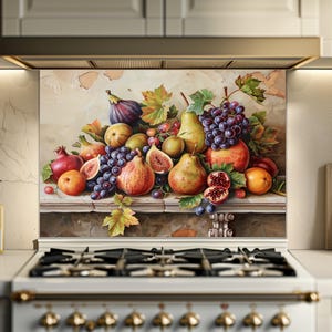 Fruit Still Life Glass Backsplash, Harvest Kitchen Decor, Tempered Glass Wall Panel