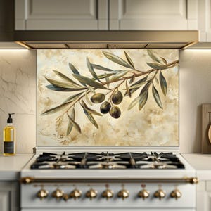May include: A decorative kitchen backsplash featuring a watercolor painting of an olive branch with green leaves and dark olives. The background has a beige and brown mottled effect, creating a rustic aesthetic. The image is set above a white stove.