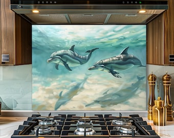 Underwater Dolphin Glass Backsplash, Coastal Ocean Kitchen Decor, Tempered Glass Panel