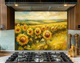 Sunflower Field Glass Backsplash, Floral Farmhouse Kitchen Decor, Tempered Glass Panel