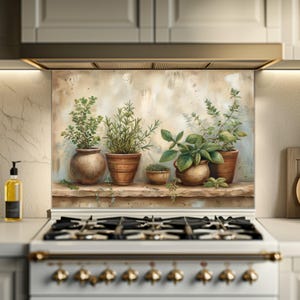 Op de afbeelding: Een keukenachterwand met een geschilderd stilleven van kruiden in potten. Het kunstwerk toont verschillende groene kruiden in bruine en beige potten, gerangschikt op een plank tegen een neutrale achtergrond. De scène roept een rustieke, natuurlijke esthetiek op.