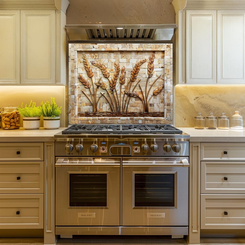 Wheat Glass Backsplash Panel, Rustic Farmhouse Kitchen Wall Art ...