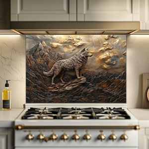 Salpicadero de vidrio de Wolf Mountain, arte de pared de cocina con vida silvestre, decoración rústica de cabaña