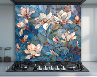 Magnolia Flower Glass Backsplash, Stained Glass Style Floral Kitchen Wall Panel