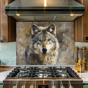 Puede incluir: Un protector contra salpicaduras de cocina con una pintura detallada de un lobo. La obra de arte muestra la cara del lobo, centrándose en sus ojos y pelaje. La paleta de colores incluye marrones, grises y amarillos, creando un diseño realista y artístico.