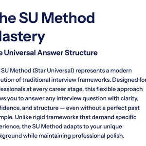 Może przedstawiać: Tekst na białym tle: "The SU Method Mastery" i "The Universal Answer Structure". Tekst opisuje nowoczesne ramy wywiadu przeznaczone dla profesjonalistów na każdym etapie kariery.