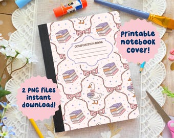 Printable Bookish Composition Notebook Cover, Cute DIY Back To School Workbook, Book Lover Junk Journal, Silly Goose Kawaii Scrapbooking