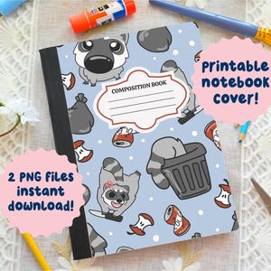 Puede incluir: Un cuaderno de composición con una cubierta azul claro con un patrón repetido de mapaches de dibujos animados, botes de basura y corazones de manzana. La cubierta incluye el texto "COMPOSITION BOOK" y "Printable notebook cover!" y "2 PNG files instant download!"