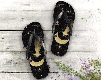 Golden Crescent Moon Stars Flip Flops | Celestial Night Sky Sandals