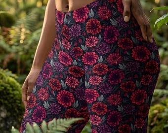 Botanical Dahlia Pattern Leggings, Beautiful Floral Yoga Pants, Dark Academia Aesthetic Activewear, Gothic Garden Flower Print Loungewear