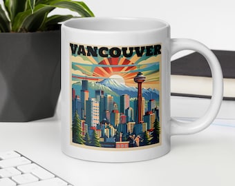 Vintage Vancouver BC Canada Cityscape Mug, British Columbia Canadian City Landscape Travel Cup, Retro Vacation Sunset Skyline Souvenir Gift