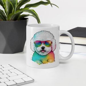 Bichon Frise Wearing Sunglasses Funny Mug: Cute Puppy Dog With Shades Cup, Bichon Lover Owner Mom Dad Gift, Rainbow Colorful Vibrant Colors
