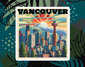 Vintage Vancouver BC Canada Cityscape Sticker, British Columbia Canadian City Landscape Travel, Retro Vacation Sunset Skyline Souvenir Gift