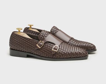 Mens Woven Leather Monk Strap Shoes | Handmade Brown Loafers  display picture 3