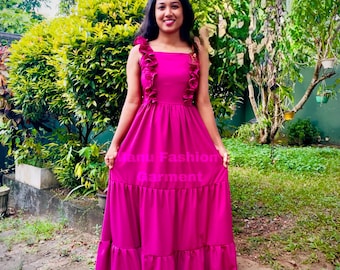 Vestido largo con volantes de pétalos rosas para mujer, vestido fluido de verano con capas, ropa informal de fiesta
