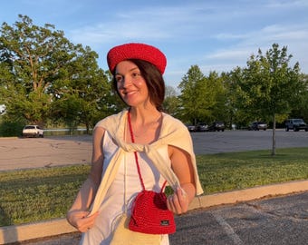 Sac à cordon en raphia fait main | Porte-monnaie crocheté naturel rouge | Sac bandoulière d'été