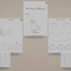 Peut inclure: Plusieurs pages d'un planificateur de soins pour animaux de compagnie, comprenant un profil d'animal, un journal médical et un suivi des dépenses. La page centrale présente une illustration de chien et le titre "Pet Care Planner".
