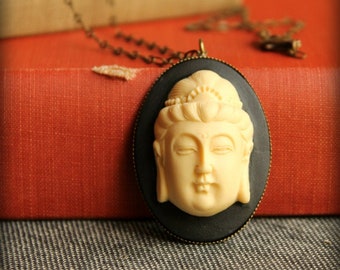 Buddha Cameo Necklace in Black and Cream