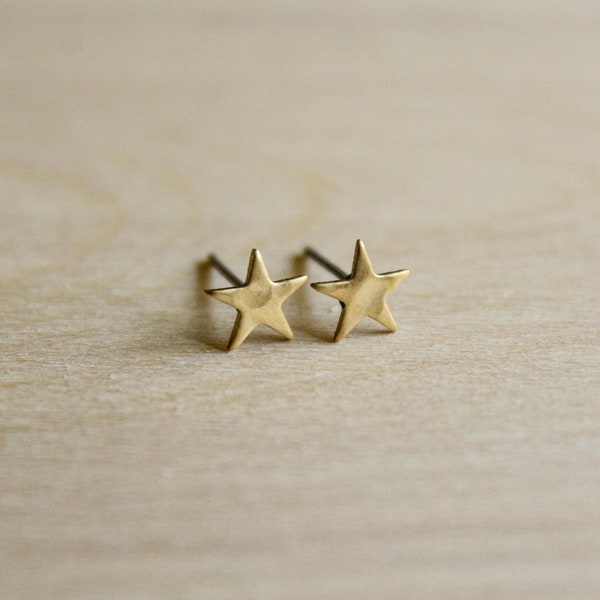 Tiny Hammered Star Earring Studs in Raw Brass, Stainless Steel Posts, Small Little Star Jewelry, Hammered Texture, Gold Tone Stars