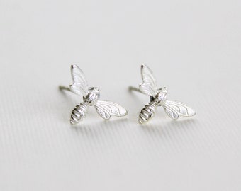 Tiny Flying Bee Earrings, Available in Silver Plated, Antique Bronze, Raw Brass, Rose Gold Plated, and Gold Plated