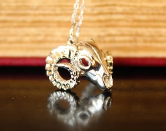 Big Horn Sheep Skull Necklace, Prairie Animal, Ram's Head, Herd Grassland American West Wild Free, Available in Silver and Bronze