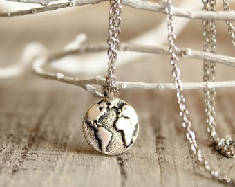 Globe Necklace in Silver, Earth Charm, World Travel Accessory