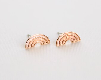 Rainbow Earring Studs, Available in Raw Brass, Silver Plated Brass, or Rose Gold Plated Brass, Stainless Steel Posts