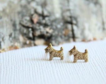 Tiny Scottish Terrier Earring Studs in Raw Brass or Silver Plated, Stainless Steel Posts, Dog Owner Pet Lover Jewelry, Scottish Terrier