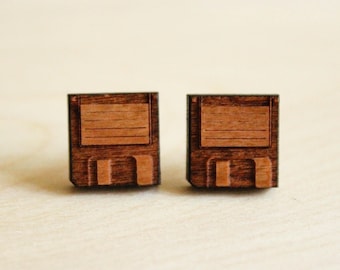 Floppy Disk Studs, Laser Cut Wood Earrings