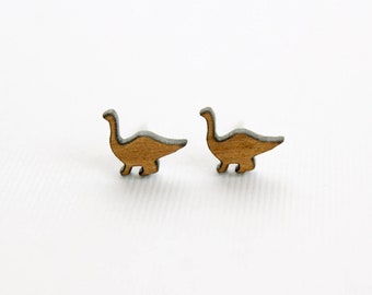 Tiny Dinosaur Studs, Laser Cut Wood Earrings, Brontosaurus Paleontology Ancient History, Sustainable Cherry Wood, Unique Gift, Jurassic