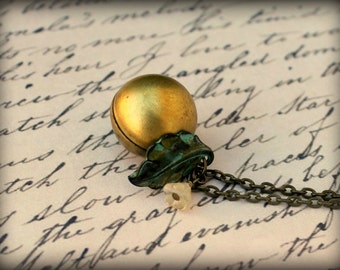 Vintage Brass Ball Locket Necklace with Verdigris Leaf and Czech Flower