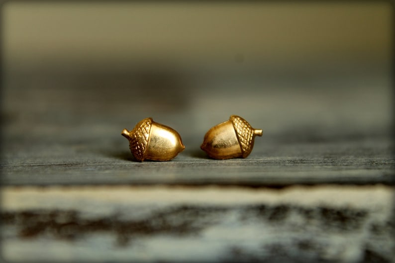 Tiny Acorn Earring Studs in Raw Brass Silver Plated Brass or image 0
