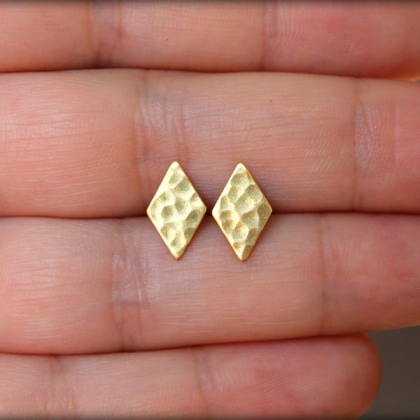 Hammered Diamond Earring Studs in Raw Brass, Silver Plated, or Rose Gold Plated, Stainless Steel Posts, Geometric Simple Minimalist Earrings