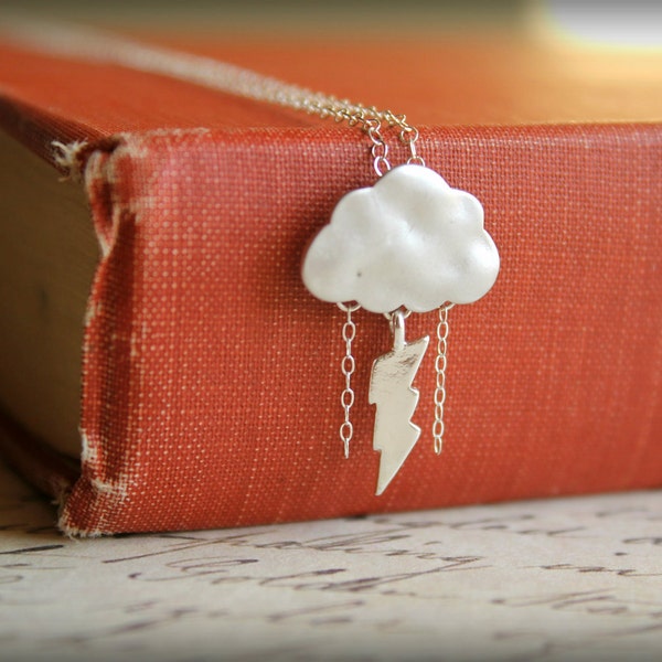 Stormy Day Necklace, Sterling Silver Chain - Storm Cloud Lightning & Rain