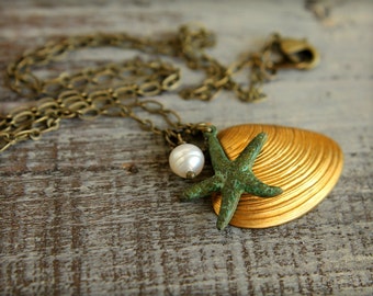 Brass Seashell & Verdigris Starfish Necklace
