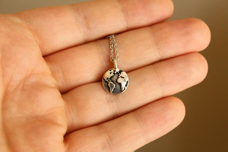 Globe Necklace in Silver, Earth Charm, World Travel Accessory image 2