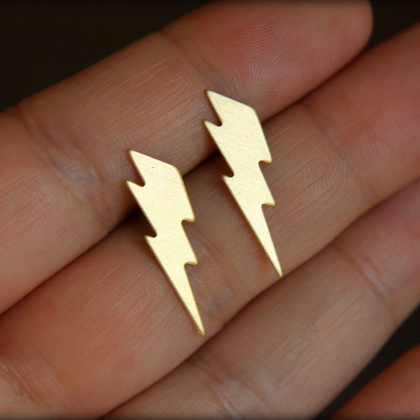 Lightning Bolt Earring Studs in Raw Brass, Stainless Steel Posts