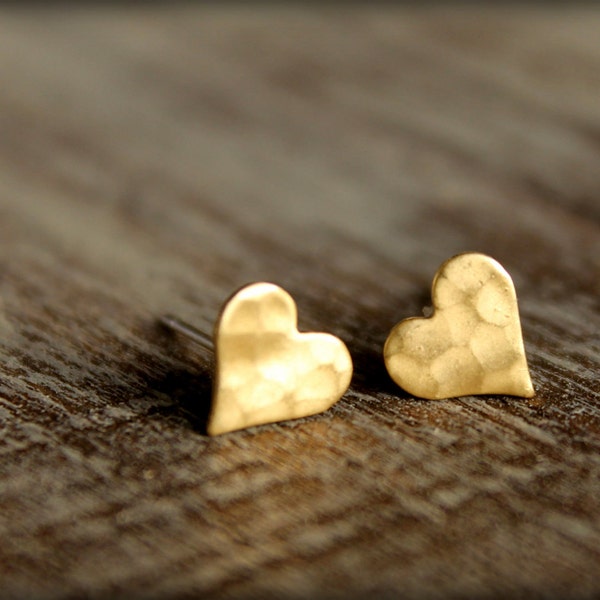 Hammered Heart Earring Studs, Available in Raw Brass or Silver Plated Brass, Stainless Steel Posts