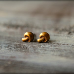 Tiny Mushroom Earring Studs in Raw Brass, Stainless Steel Posts