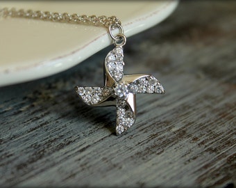 Diamond Encrusted Pinwheel Necklace, Available in Silver or Gold
