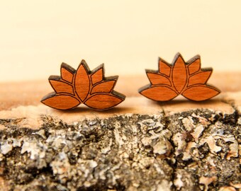 Lotus Flower Studs, Laser Cut Wood Earrings, Laser Etched, Open Lotus Flower, Sustainable Wood, Eco Accessory, Japanese Zen Flower